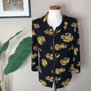 Stizzoli Zip Front Cardigan Sweater, Made in Italy, Black & Yellow Floral, Sz S